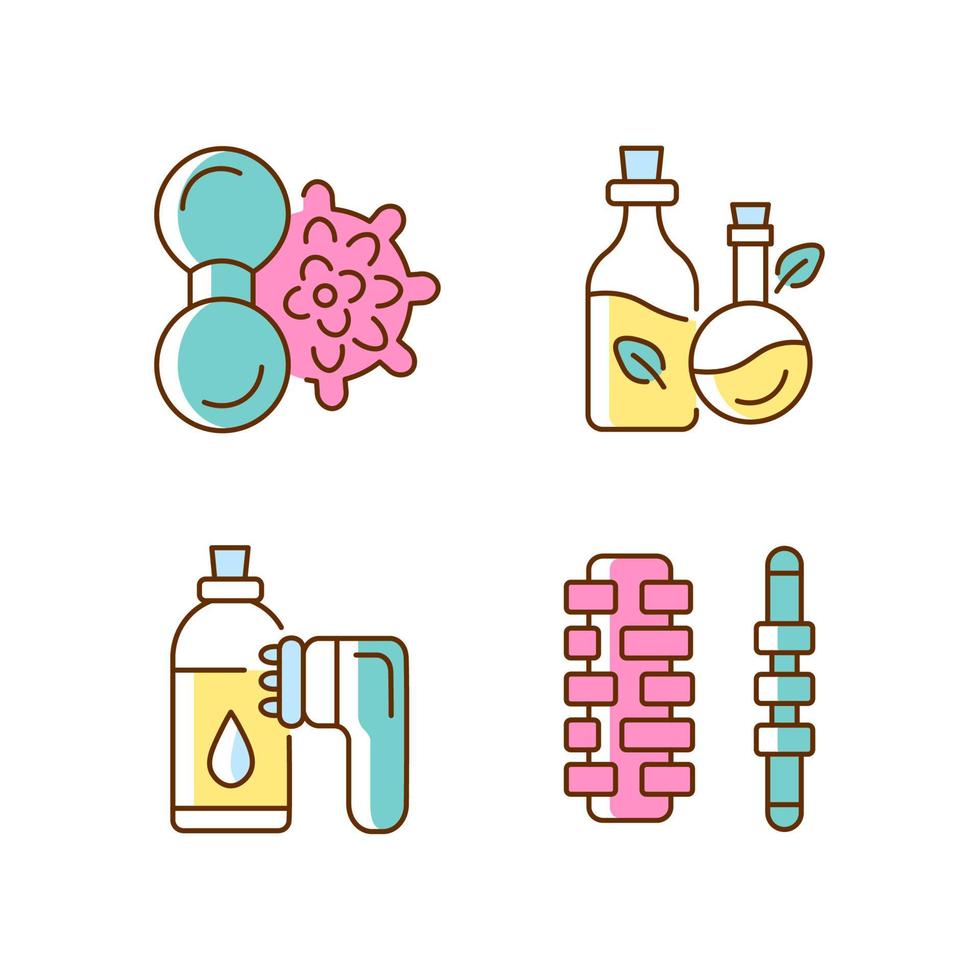 hand stimulators rgb kleur iconen set. anticellulitis stimulator. apparaten voor het masseren van rug en benen. spierpijn verlichten. geïsoleerde vectorillustraties. verzameling eenvoudige gevulde lijntekeningen vector