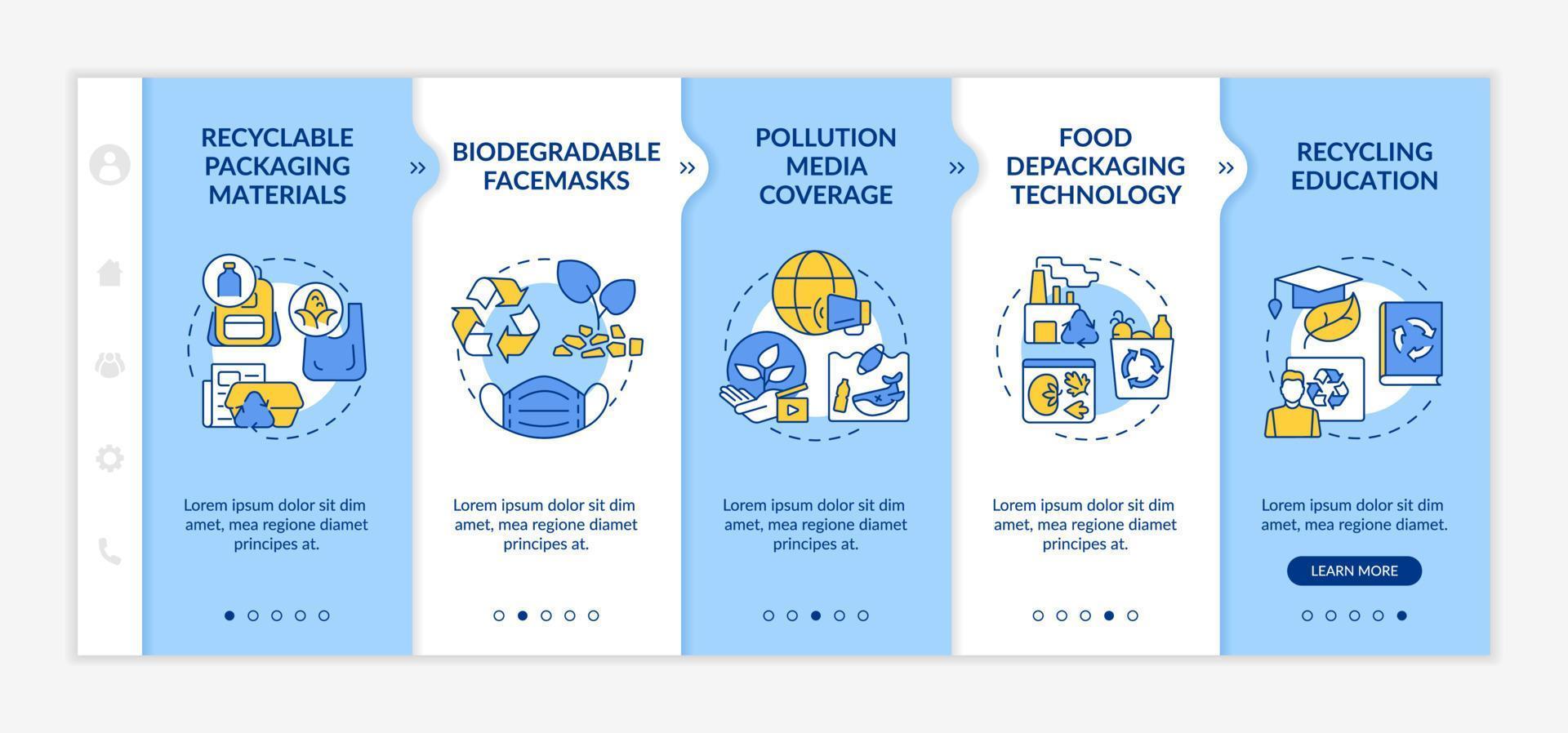 Prullenbak recycling trends onboarding vector sjabloon. responsieve mobiele website met pictogrammen. webpagina walkthrough 5 stappen schermen. biologisch afbreekbaar productiekleurenconcept met lineaire illustraties