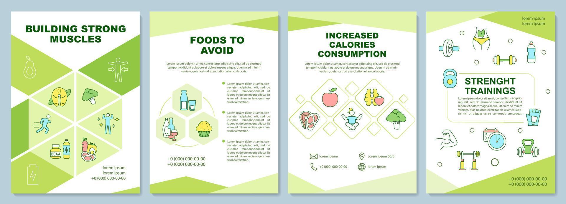 sterke spieren bouwen tips groene brochure sjabloon. boekje afdrukontwerp met lineaire pictogrammen. vectorlay-outs voor presentatie, jaarverslagen, advertenties. arial-black, talloze pro-reguliere lettertypen gebruikt vector