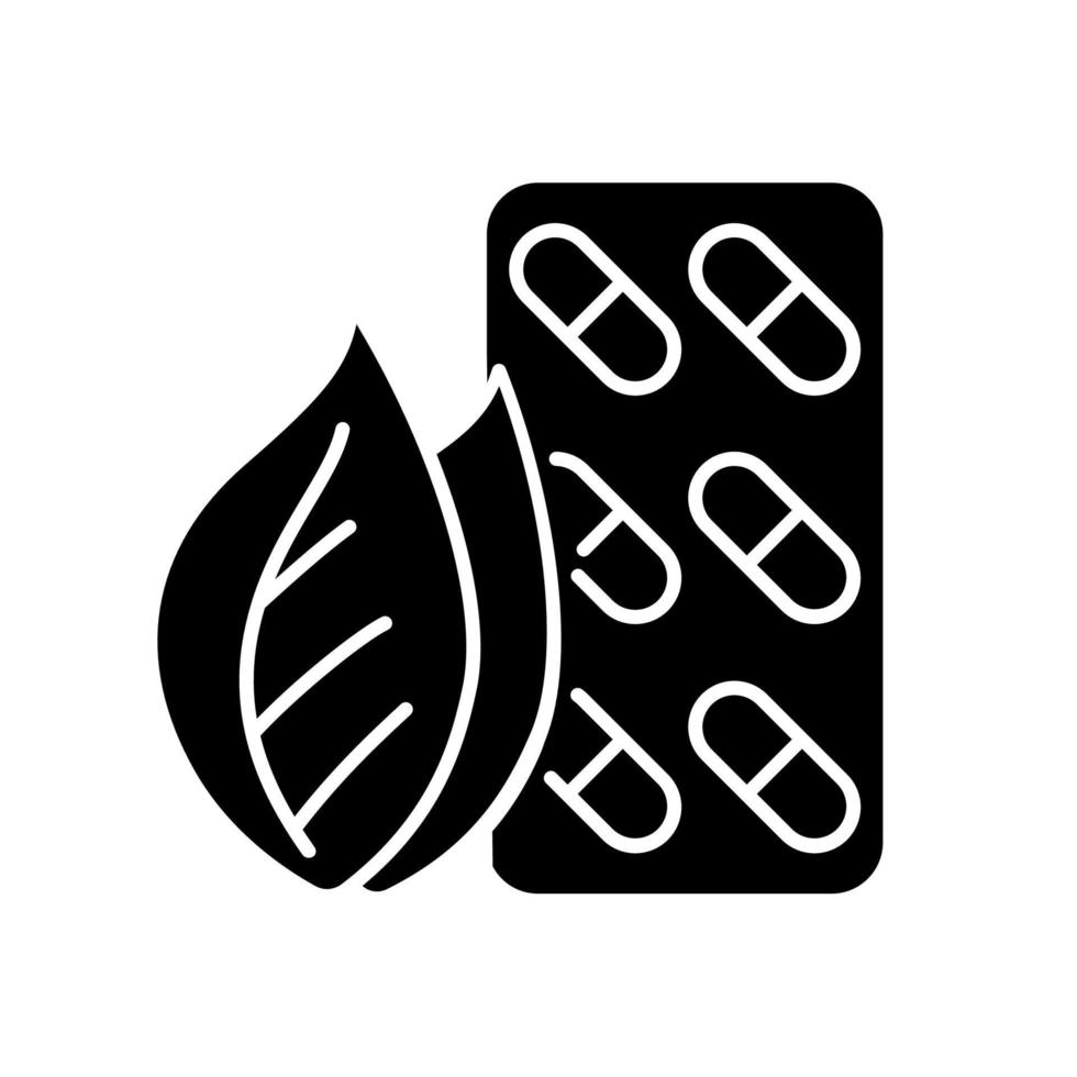 kruidensupplementen zwart glyph-pictogram. fytogeneeskunde. botanische producten voor een betere gezondheid. natuurlijke voedingssupplementen. silhouet symbool op witte ruimte. vector geïsoleerde illustratie
