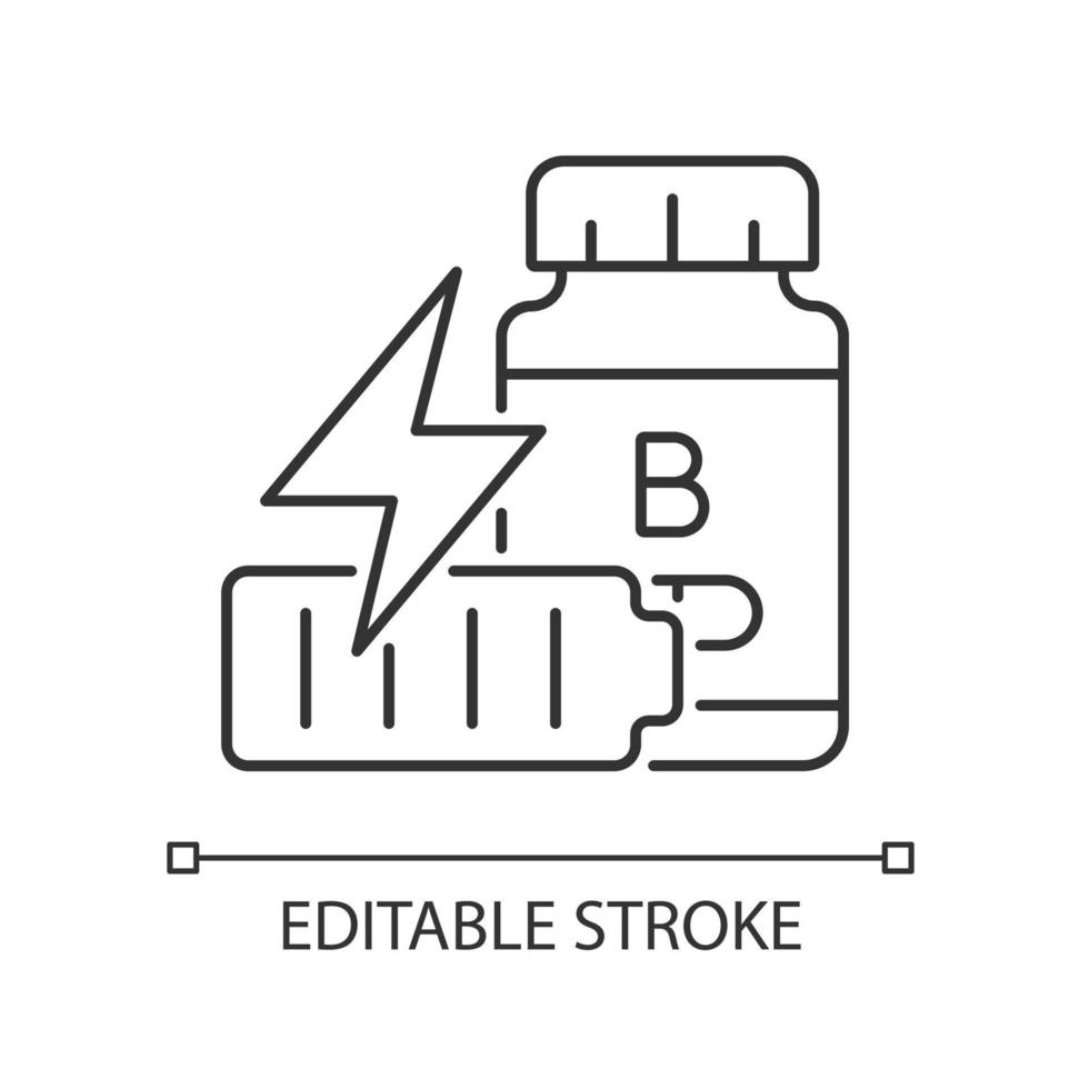 b-vitamines voor vermoeidheid lineair icoon. supplementen om vermoeidheid en zwakte te bestrijden. dunne lijn aanpasbare illustratie. contour symbool. vector geïsoleerde overzichtstekening. bewerkbare streek