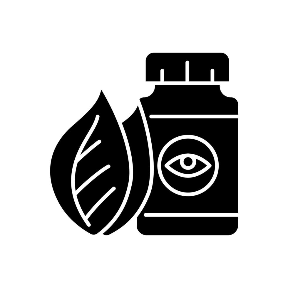 visie vult zwart glyph-pictogram aan. gezichtsvermogen aanvullende medicatie. maculadegeneratie en staarpreventie. silhouet symbool op witte ruimte. vector geïsoleerde illustratie