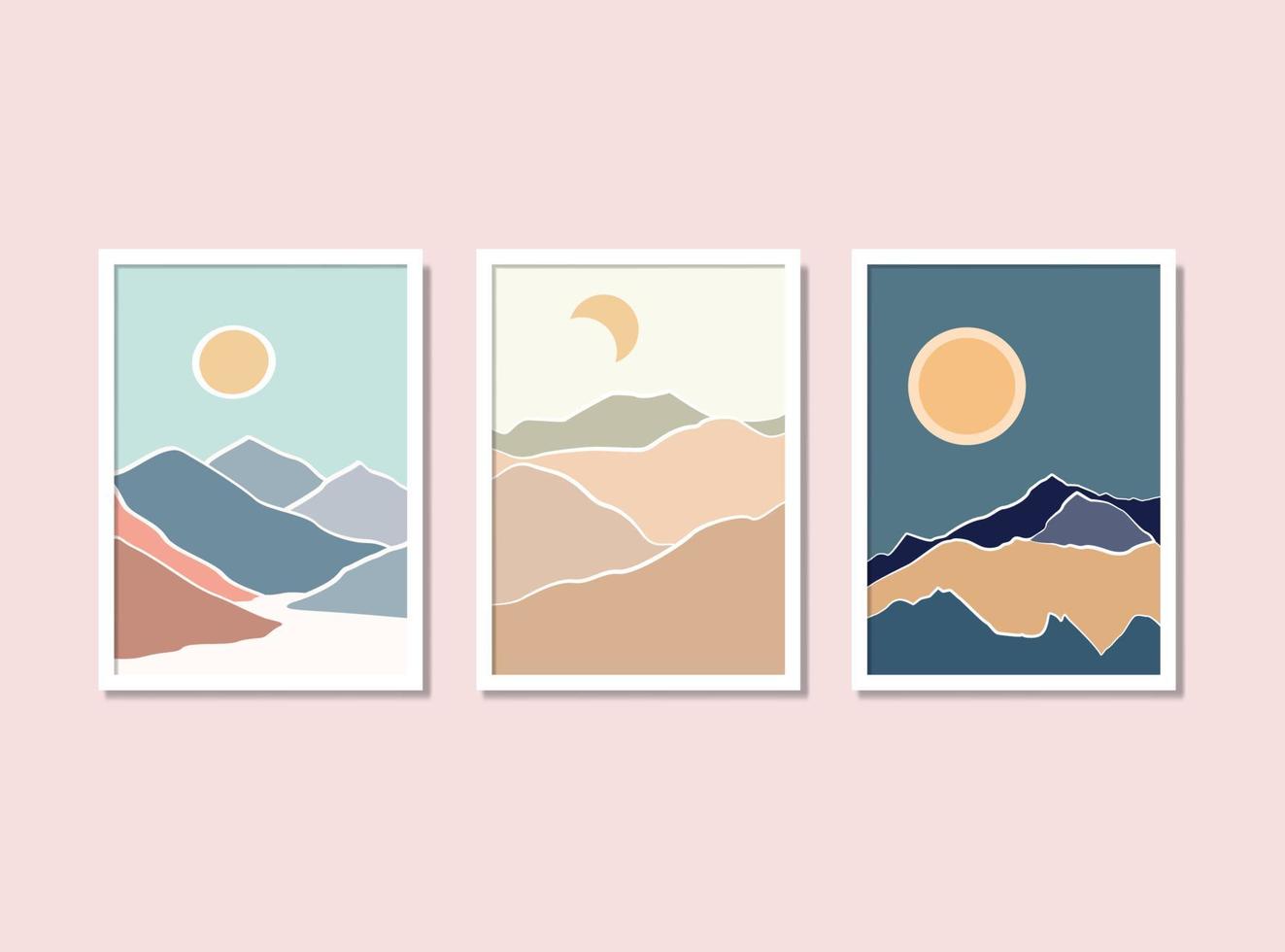 abstracte landschapsposters. bergen zon en maan kunst aan de muur vector