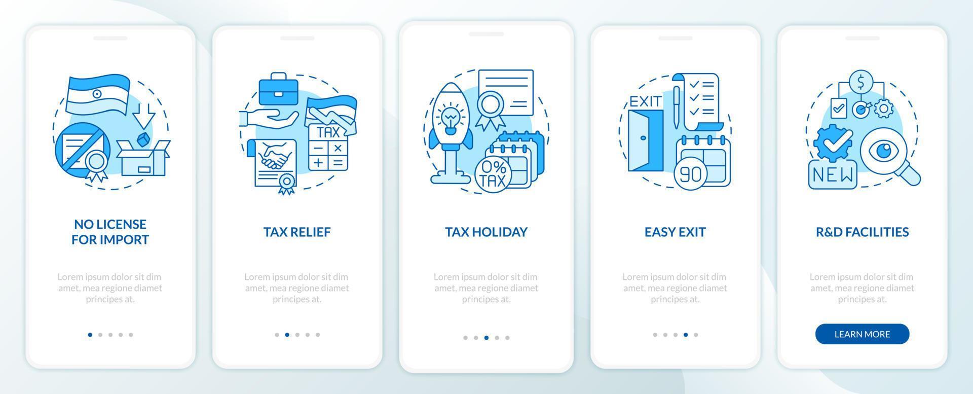 zakelijke voordelen in india blauw onboarding mobiel app-scherm. tax holiday walkthrough 5 stappen grafische instructiepagina's met lineaire concepten. ui, ux, gui-sjabloon. talloze pro-bold, reguliere lettertypen gebruikt vector