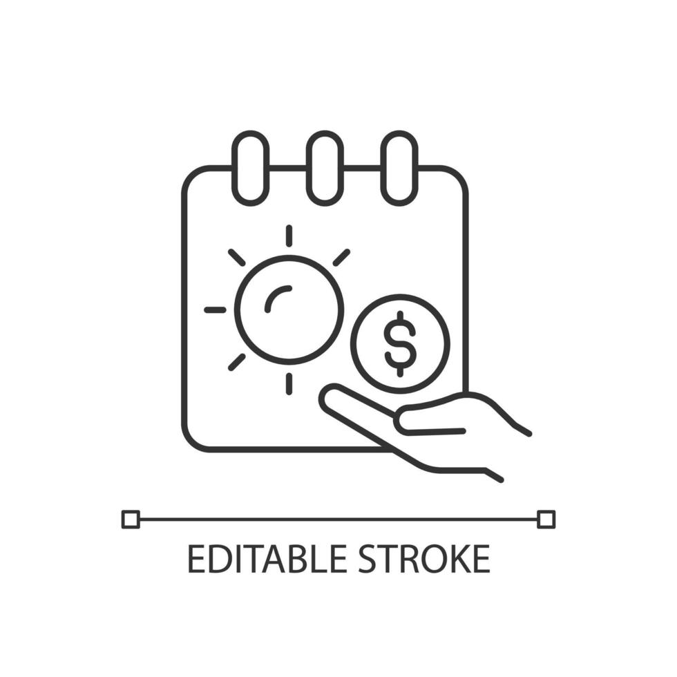 onbeperkt aftakas lineair pictogram. het verbeteren van de balans tussen werk en privé. onbeperkt vakantiebeleid. betaald verlof. dunne lijn aanpasbare illustratie. contour symbool. vector geïsoleerde overzichtstekening. bewerkbare streek