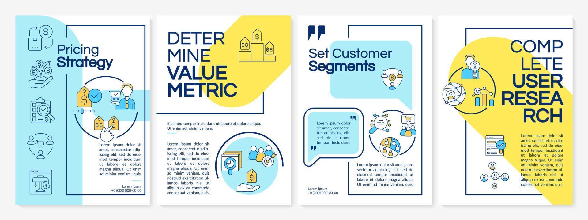 prijsstrategie stappen blauwe en gele brochure sjabloon. boekje afdrukontwerp met lineaire pictogrammen. vectorlay-outs voor presentatie, jaarverslagen, advertenties. questrial, lato-reguliere lettertypen gebruikt vector