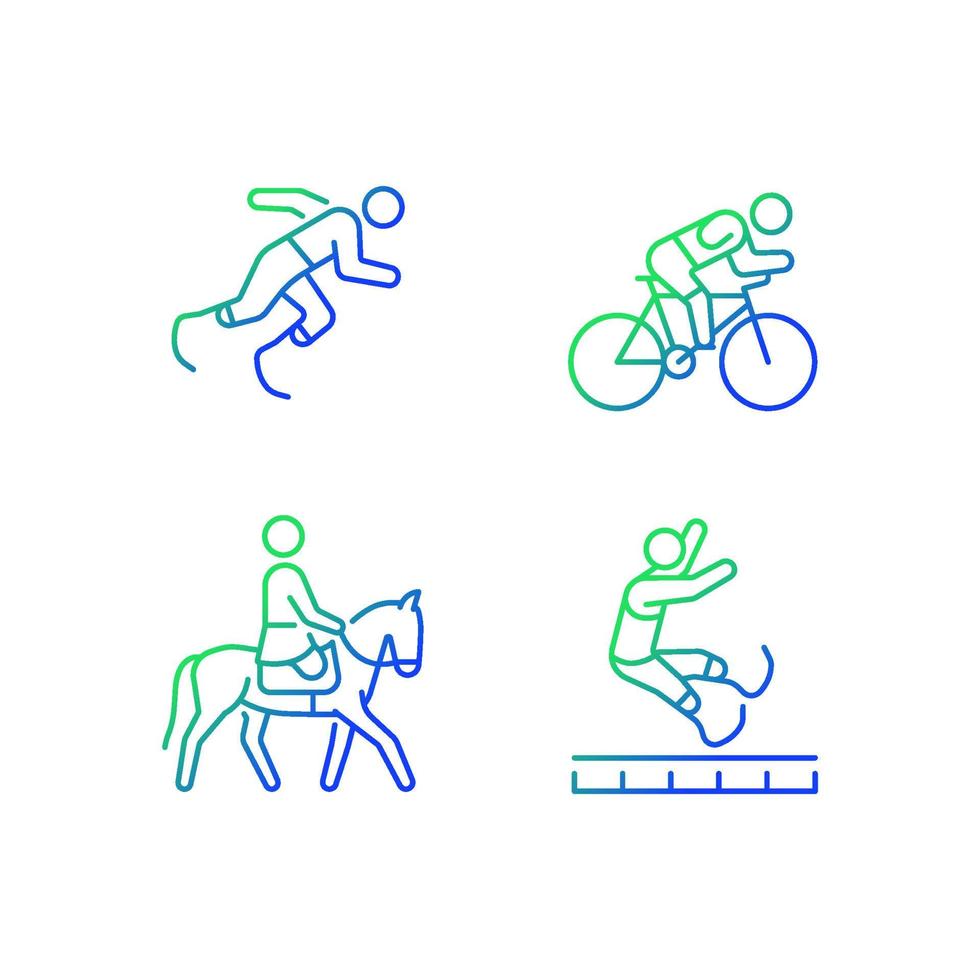 adaptieve sport gradiënt lineaire vector iconen set. paardensport en atletiek. sportman met prothese. dunne lijn contour symbolen bundel. geïsoleerde overzicht illustraties collectie