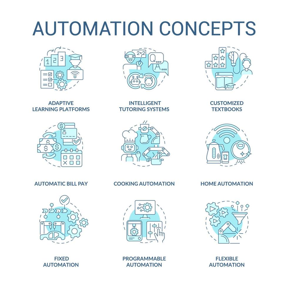 automatisering blauwe concept pictogrammen instellen. huishoudelijke en industriële geautomatiseerde apparaten idee dunne lijn kleurenillustraties. geïsoleerde overzichtstekeningen. bewerkbare streek. roboto-medium, talloze pro-bold lettertypen gebruikt vector