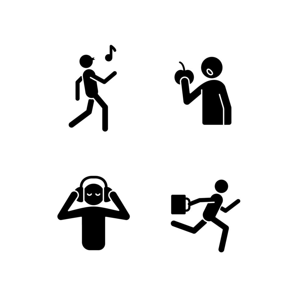 dagelijkse activiteiten zwarte glyph pictogrammen ingesteld op witruimte. gezonde eetgewoontes. muziek luisteren met een koptelefoon. karaoke zingen. gezond dieet. silhouet symbolen. vector geïsoleerde illustratie