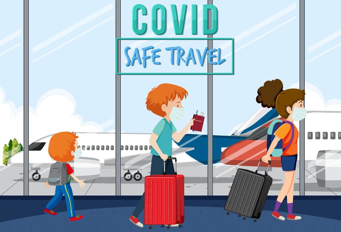 passagiers die op de luchthaven lopen met covid veilig reisbannerontwerp vector