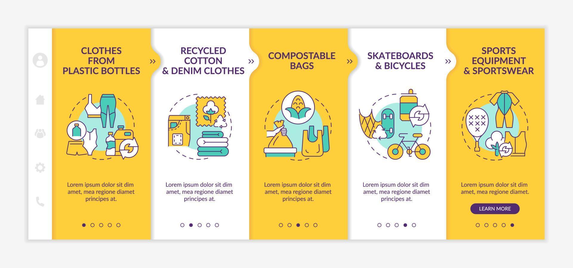 upcycled materialen onboarding vector sjabloon. responsieve mobiele website met pictogrammen. webpagina walkthrough 5 stappen schermen. afvalrecycling trends kleurconcept met lineaire illustraties