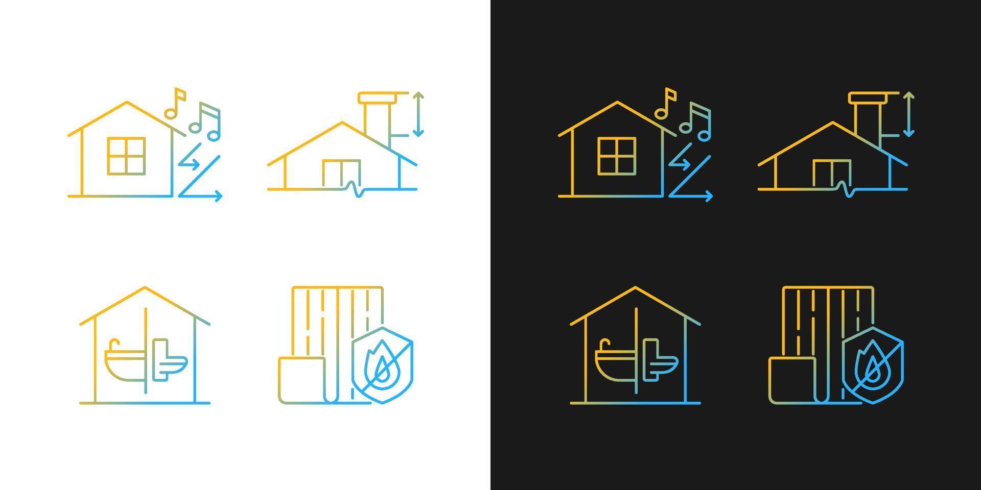 huisbouw veiligheidsverloop pictogrammen ingesteld voor donkere en lichte modus. minimale schoorsteenhoogte. dunne lijn contour symbolen bundel. geïsoleerde vector overzicht illustraties collectie op zwart-wit
