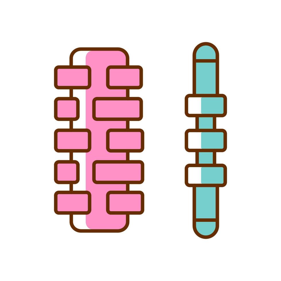 massageroller plakt rgb-kleurenpictogram. hulpmiddel voor het verminderen van spierpijn en spanning. handmassageapparaat. training en oefening met roller. geïsoleerde vectorillustratie. eenvoudige gevulde lijntekening vector