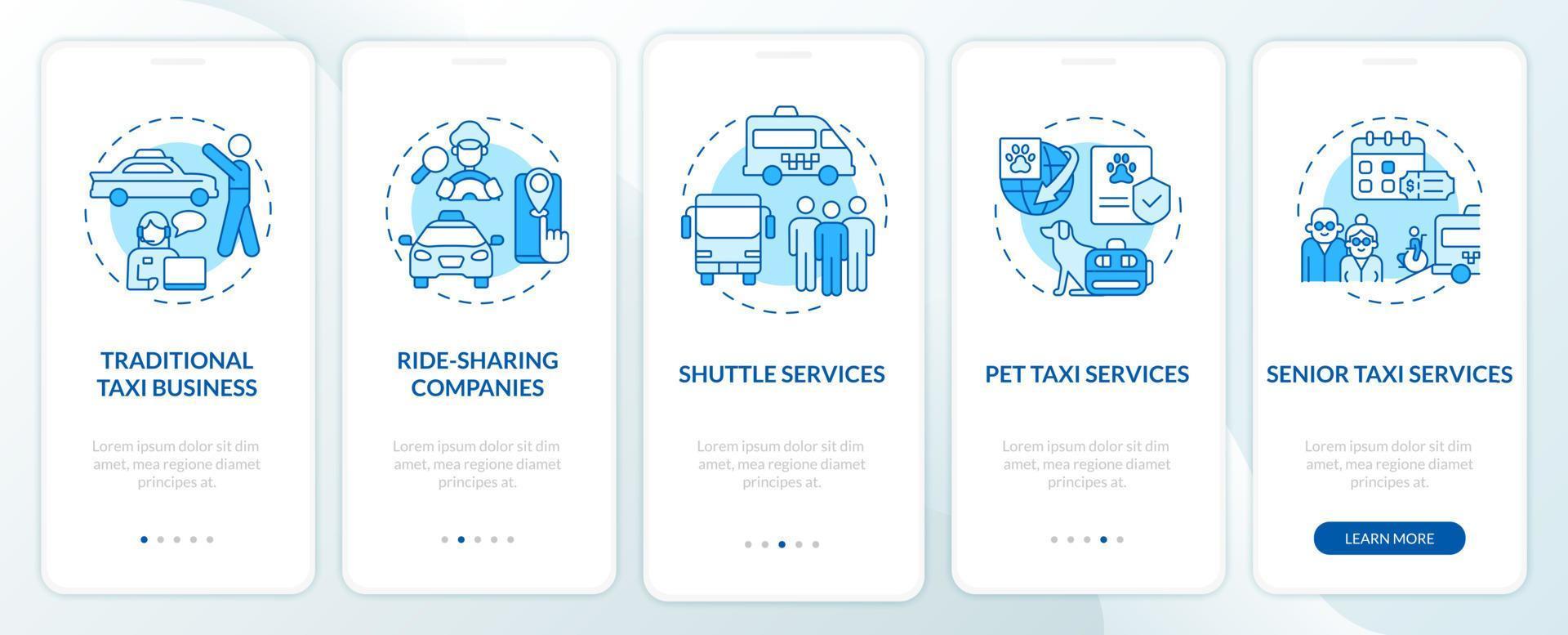 taxibedrijfstypes blauw en wit onboarding mobiel app-scherm. rit doorloop 5 stappen grafische instructiepagina's met lineaire concepten. ui, ux, gui-sjabloon. talloze pro-bold, reguliere lettertypen gebruikt vector