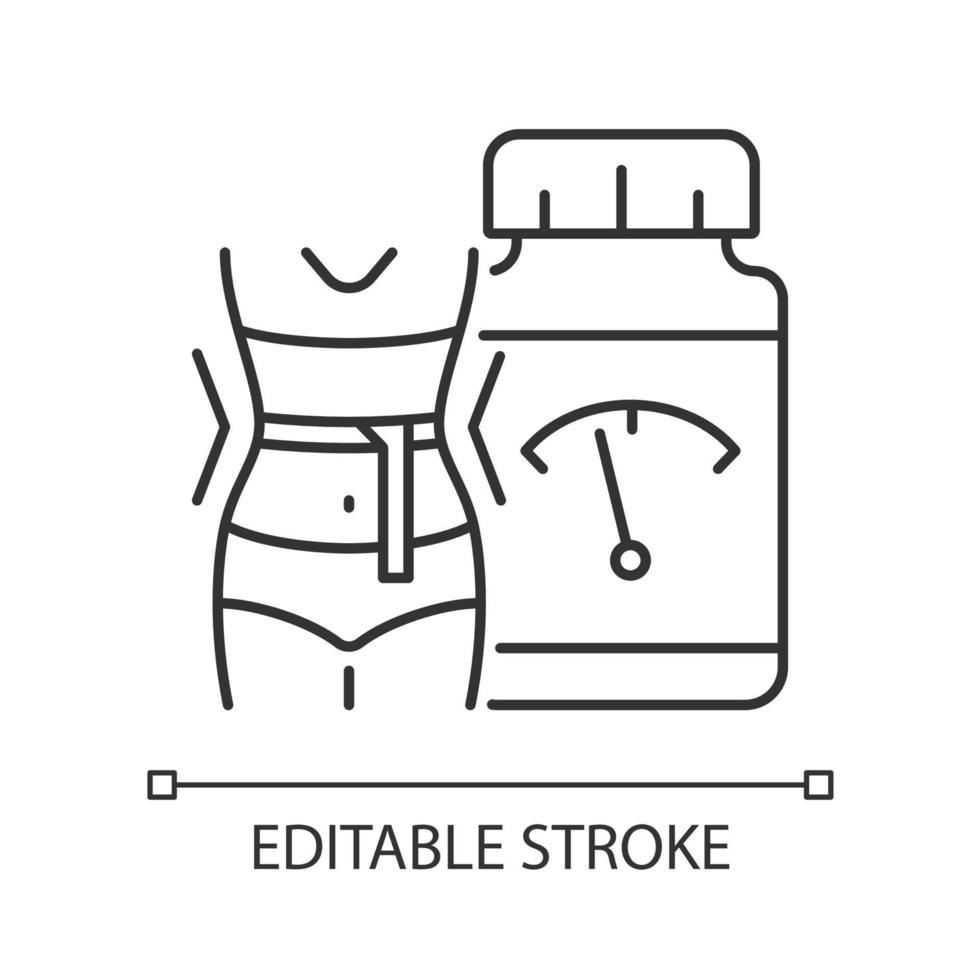 supplementen voor gewichtsverlies lineair pictogram. dieet snacks. pillen om gezond en fit te blijven. dunne lijn aanpasbare illustratie. contour symbool. vector geïsoleerde overzichtstekening. bewerkbare streek