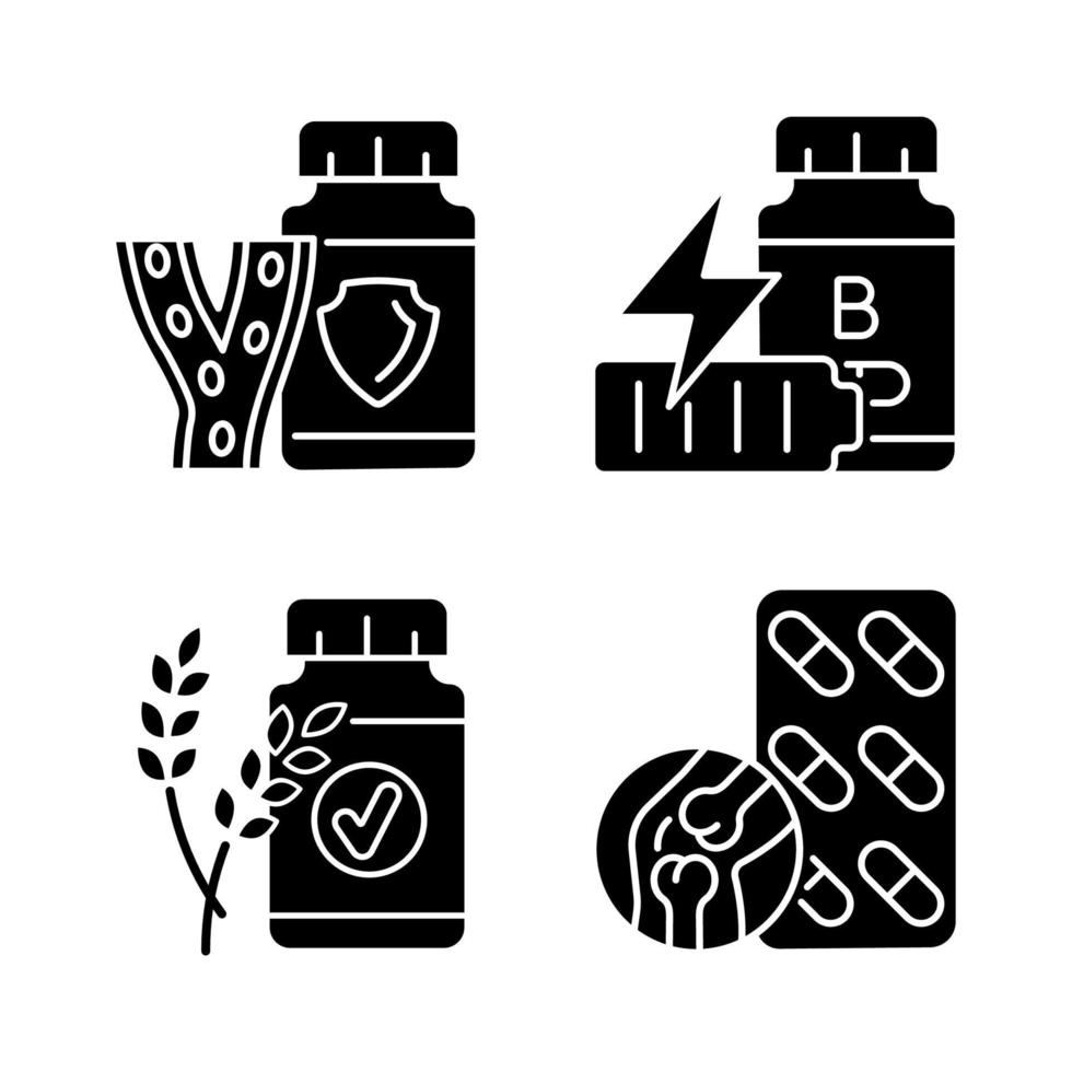 voedingssupplementen zwarte glyph pictogrammen instellen op witruimte. hulp bij een slechte bloeddruk. b vitamines voor vermoeidheid. gewrichtspijn behandeling. natuurlijke ingrediënten. silhouet symbolen. vector geïsoleerde illustratie