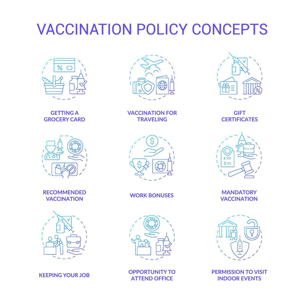 vaccinatie beleid blauwe kleurovergang concept iconen set. vaccinatie tegen coronavirus idee dunne lijn kleurenillustraties. mogelijkheid om op kantoor te komen. boodschappenkaart halen. vector geïsoleerde overzichtstekeningen