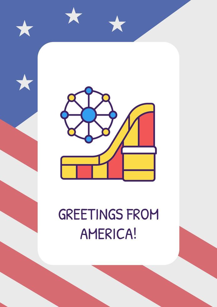 groeten uit Amerika wenskaart met kleur pictogram element. attractiepark. briefkaart vector ontwerp. decoratieve flyer met creatieve illustratie. notitiekaart met felicitatiebericht op