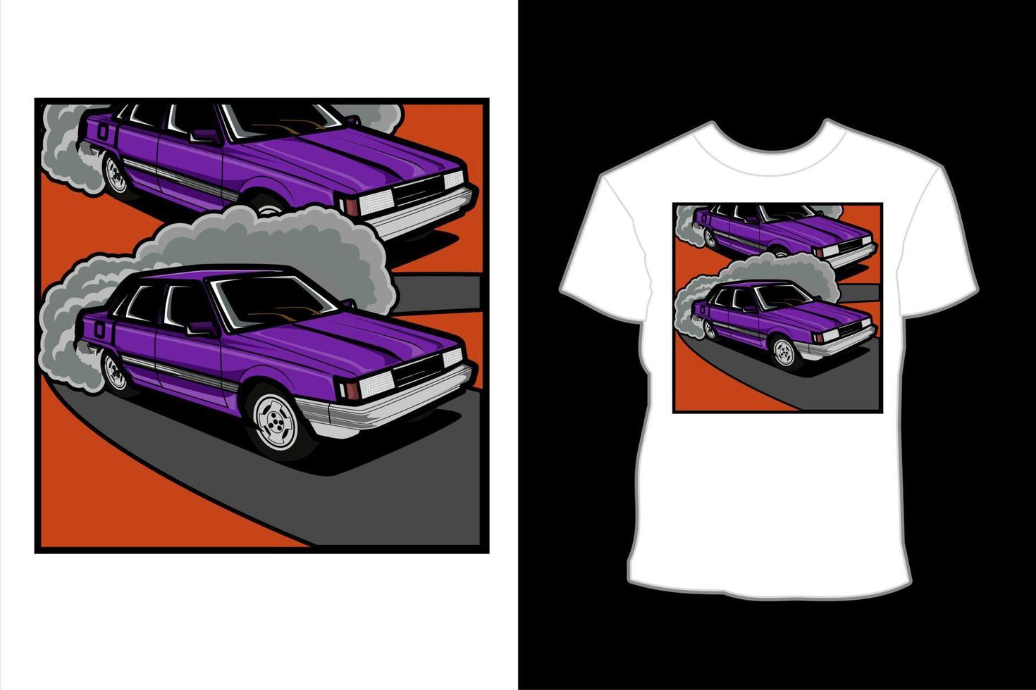 magenta sedan klassieker in t-shirtontwerp met straatillustratie vector