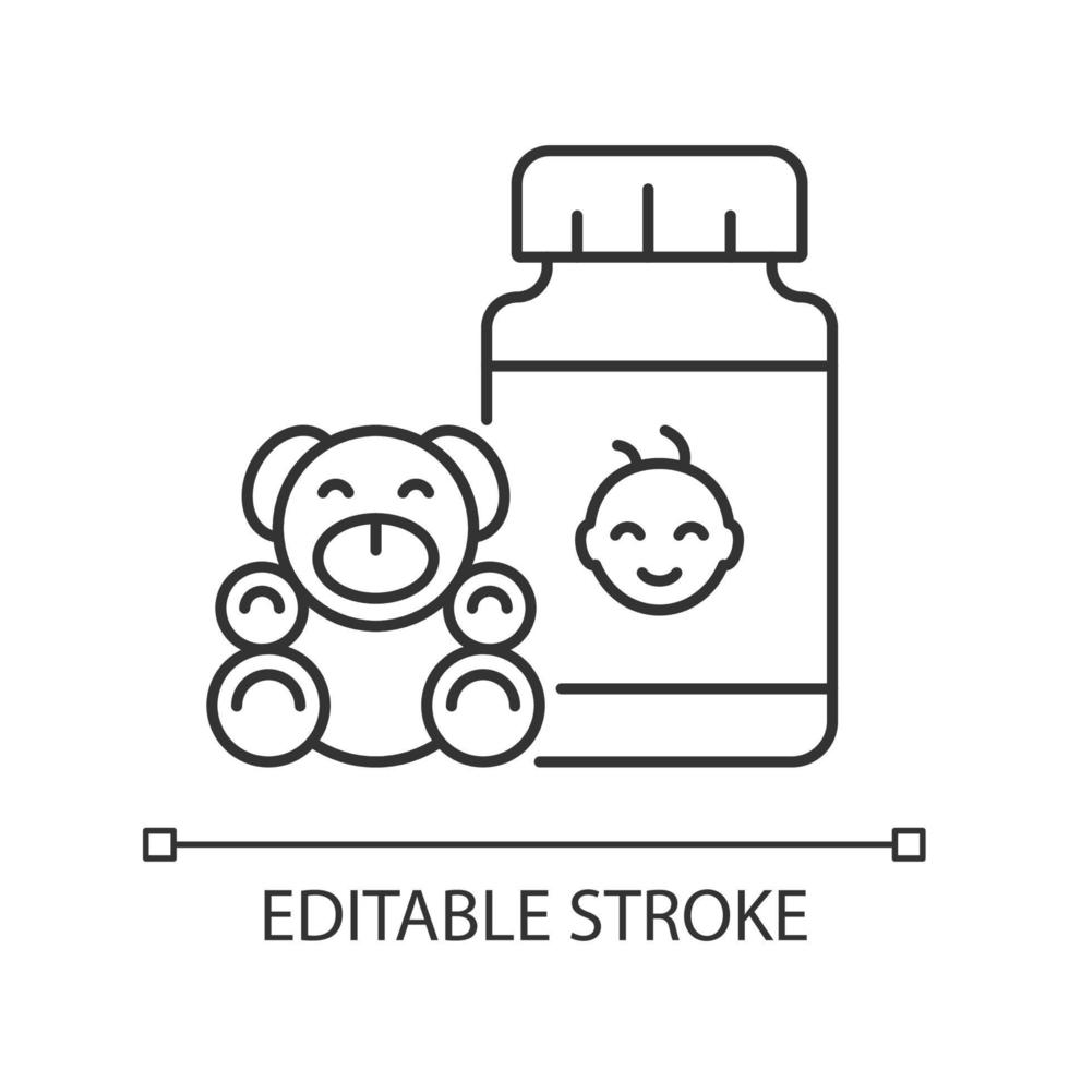 Kid groei supplementen lineaire pictogram. aanvullende medicatie voor de ontwikkeling van kinderen. gebalanceerd dieet. dunne lijn aanpasbare illustratie. contour symbool. vector geïsoleerde overzichtstekening. bewerkbare streek