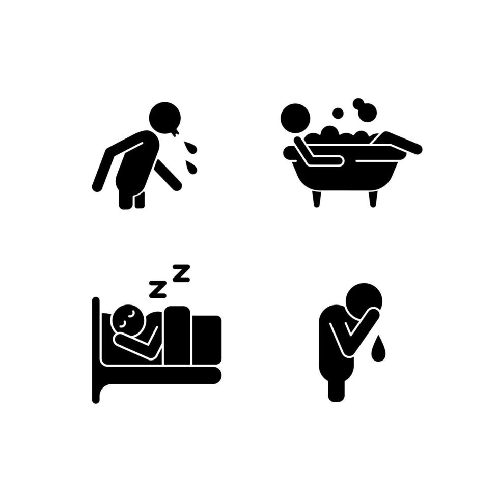 menselijke acties zwarte glyph pictogrammen instellen op witruimte. huilende man. in bed slapen. liggend in bubbelbad. spugen mens. dagelijks leven. silhouet symbolen. vector geïsoleerde illustratie