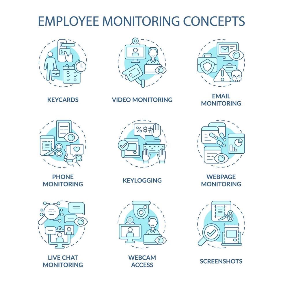 werknemer controle blauwe concept pictogrammen instellen. toezicht op de werkplek. bedrijfsvolgsoftware. werk controle idee dunne lijn kleurenillustraties. vector geïsoleerde overzichtstekeningen. bewerkbare streek