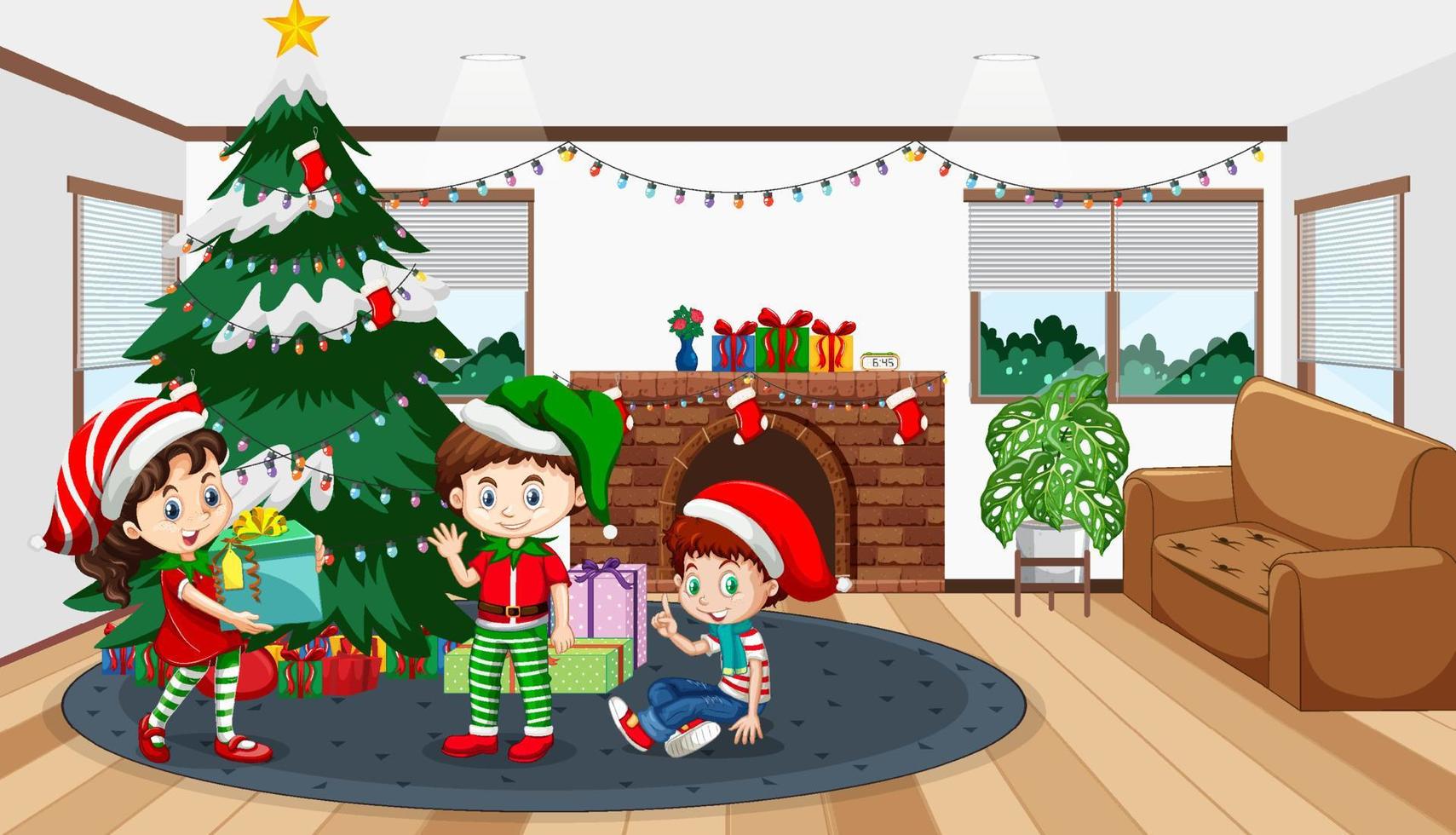 kerst woonkamer met gelukkige kinderen vieren vector