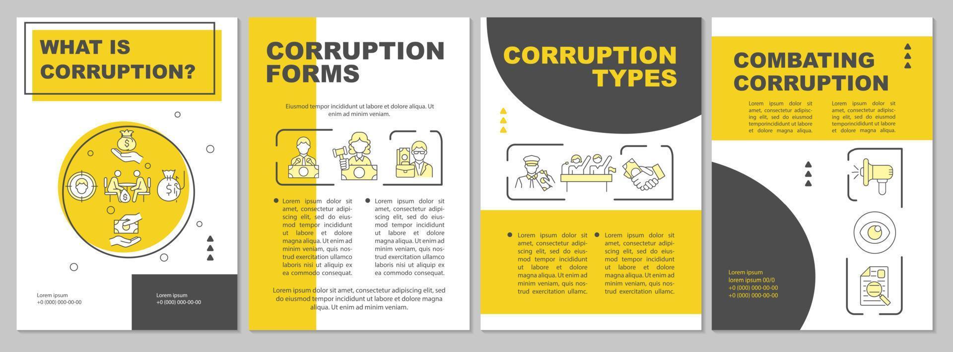 essentie van corruptie brochure sjabloon. vormen van corruptie. flyer, boekje, folder afdrukken, omslagontwerp met lineaire pictogrammen. vectorlay-outs voor presentatie, jaarverslagen, advertentiepagina's vector