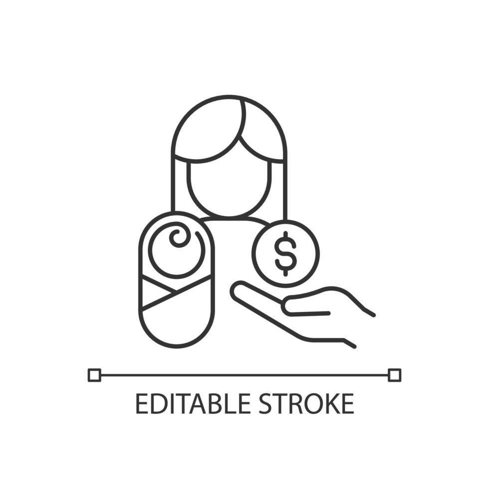 betaald ouderschapsverlof lineair pictogram. zorg voor geboren, geadopteerd kind. het verbeteren van de gezondheid van moeders. dunne lijn aanpasbare illustratie. contour symbool. vector geïsoleerde overzichtstekening. bewerkbare streek