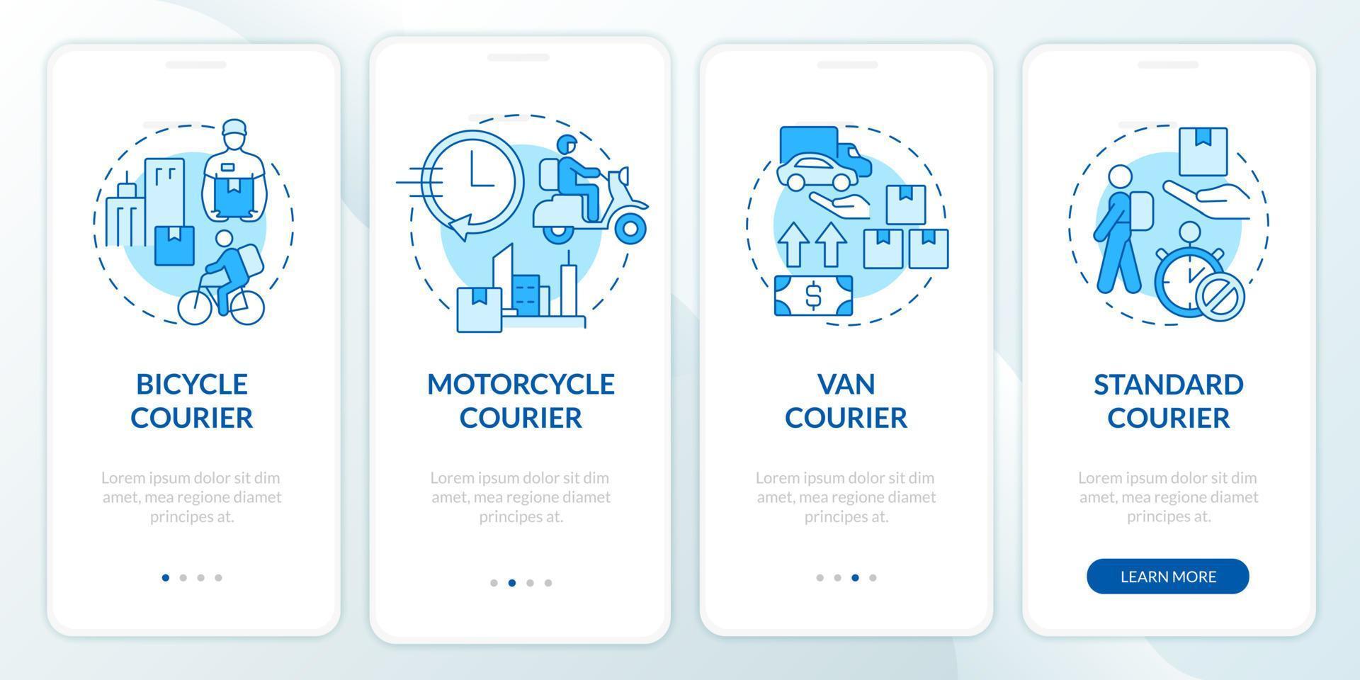 koeriersbedrijf blauw en wit onboarding mobiel app-scherm. mailservice walkthrough 4 stappen grafische instructiepagina's met concepten. ui, ux, gui-sjabloon. talloze pro-bold, reguliere lettertypen gebruikt vector