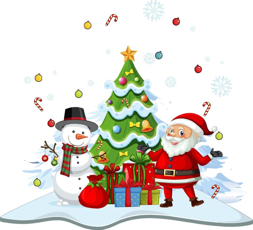 kerstman met sneeuwpop en versierde kerstboom vector