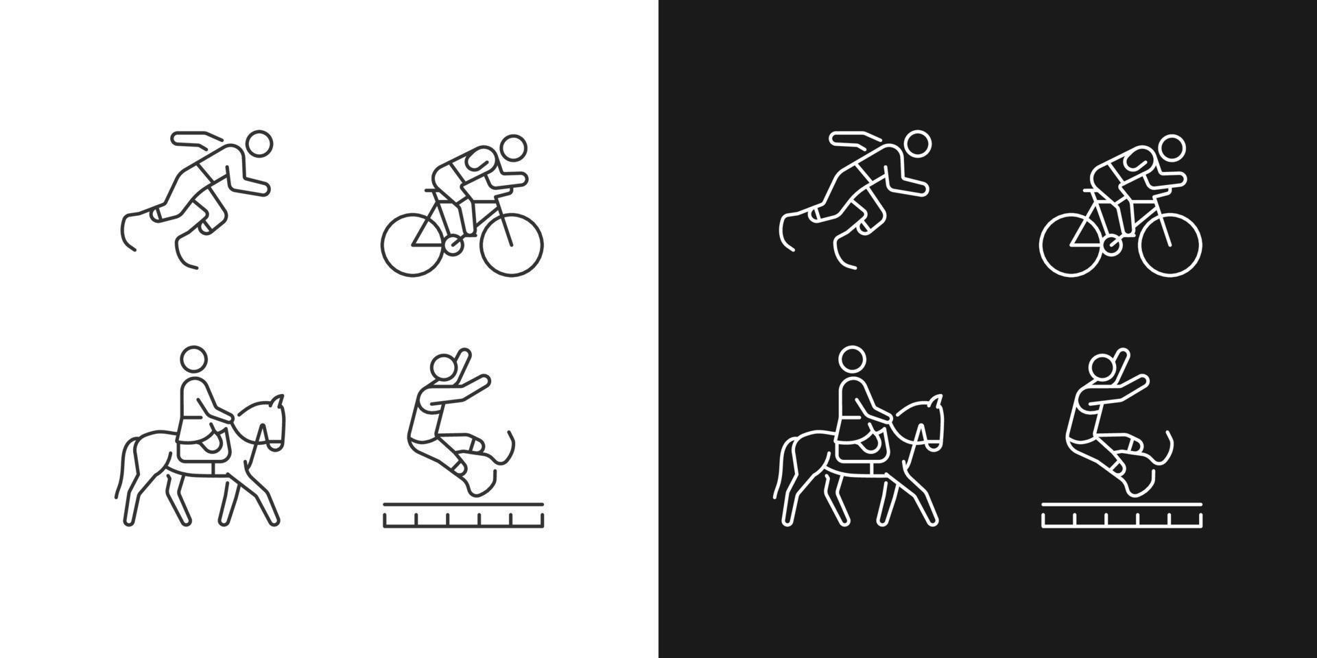 adaptieve sport lineaire pictogrammen ingesteld voor donkere en lichte modus. paardensport en atletiek. prothetische sportman. aanpasbare dunne lijn symbolen. geïsoleerde vectoroverzichtsillustraties. bewerkbare streek vector