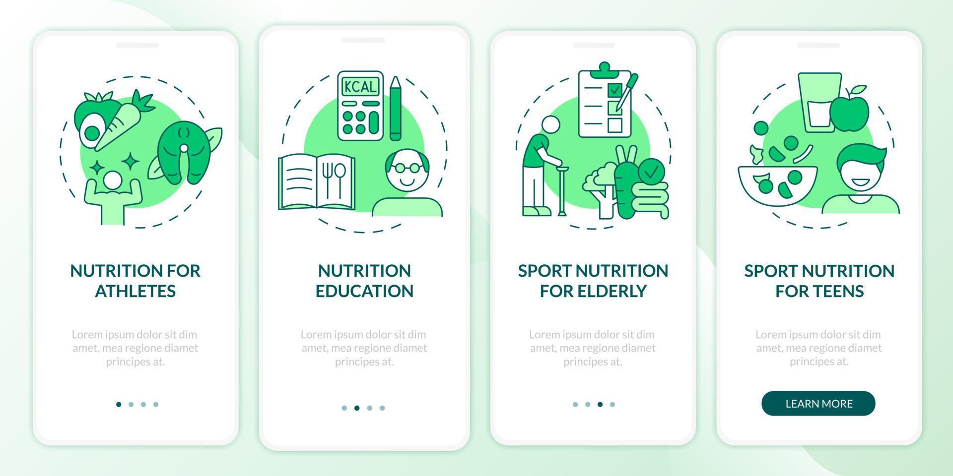 eten voor lichaamsbeweging en sport groen onboarding mobiel app-scherm. food walkthrough 4 stappen grafische instructiepagina's met lineaire concepten. ui, ux, gui-sjabloon. talloze pro-bold, reguliere lettertypen gebruikt vector