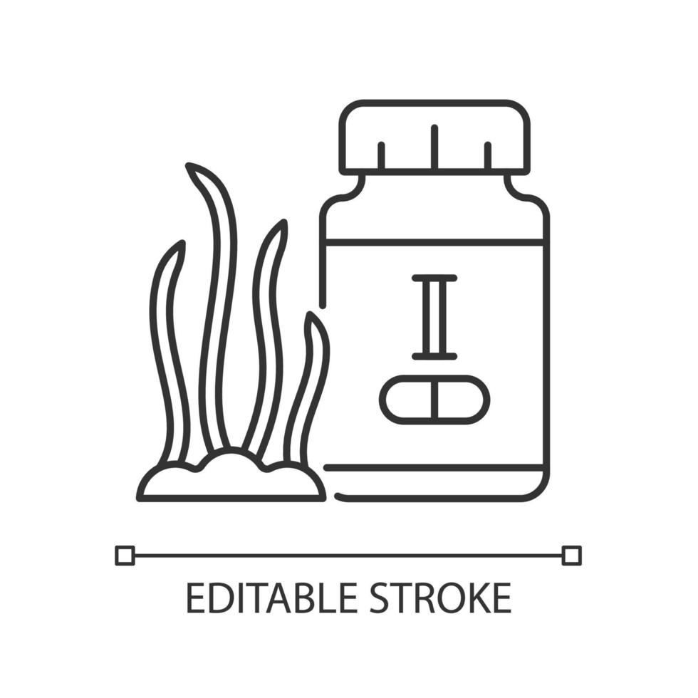 jodium supplementen lineaire pictogram. preventie van jodiumtekort. zeevruchten complementaire geneeskunde. dunne lijn aanpasbare illustratie. contour symbool. vector geïsoleerde overzichtstekening. bewerkbare streek