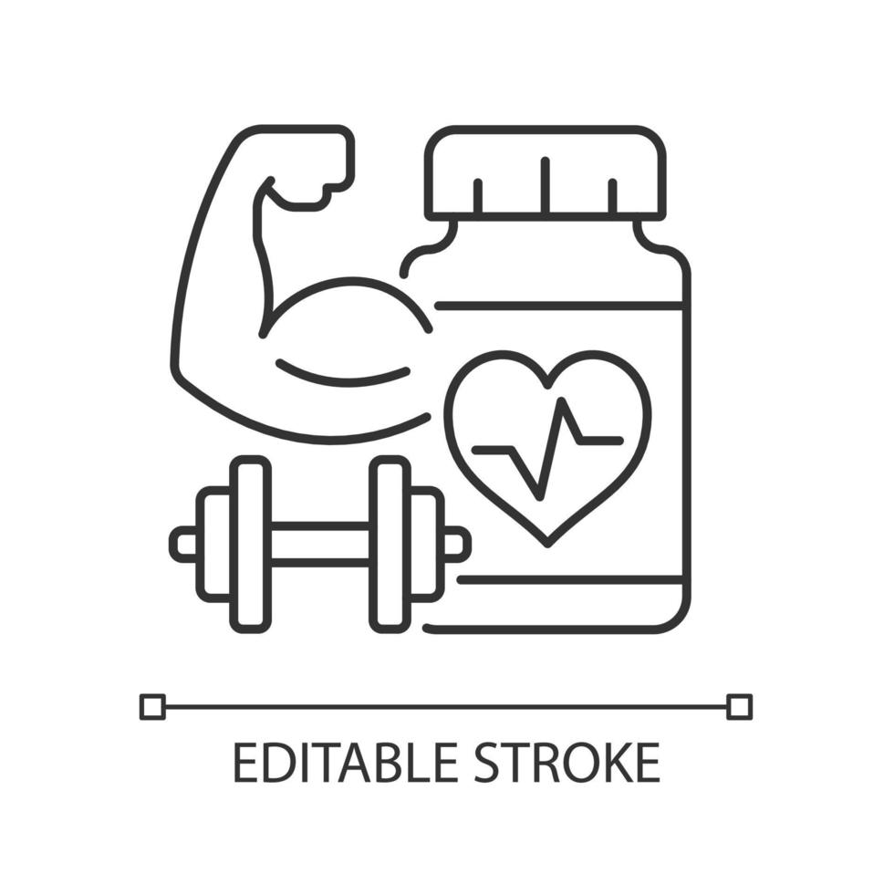 cardiovasculaire supplementen voor atleten lineair icoon. cardio-supplementen om het uithoudingsvermogen te vergroten. dunne lijn aanpasbare illustratie. contour symbool. vector geïsoleerde overzichtstekening. bewerkbare streek