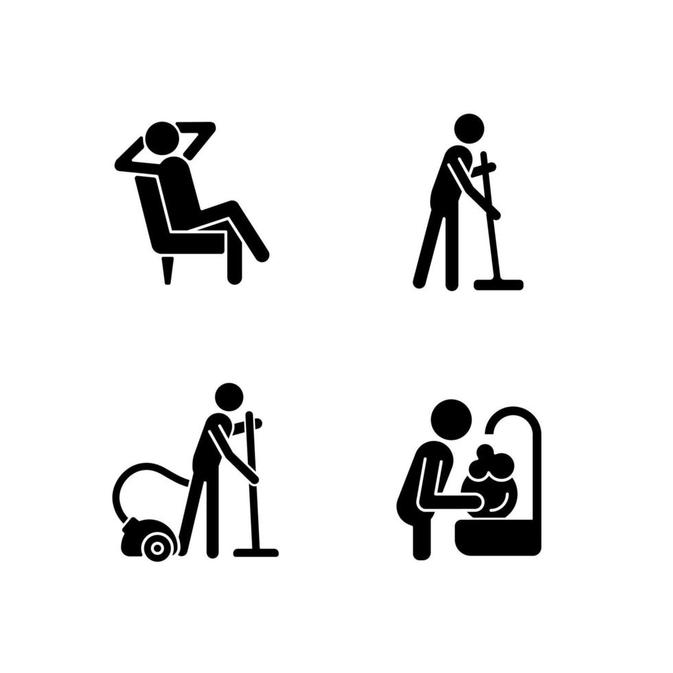 huishoudelijke taken zwarte glyph pictogrammen instellen op witruimte. alledaags menselijk leven. huishoudelijke proces. reinigingsprocedures. silhouet symbolen. vector geïsoleerde illustratie