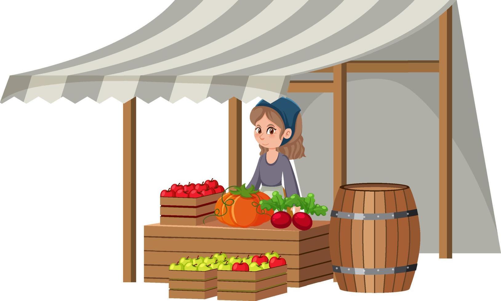 middeleeuws meisje bij fruitwinkel op witte achtergrond vector