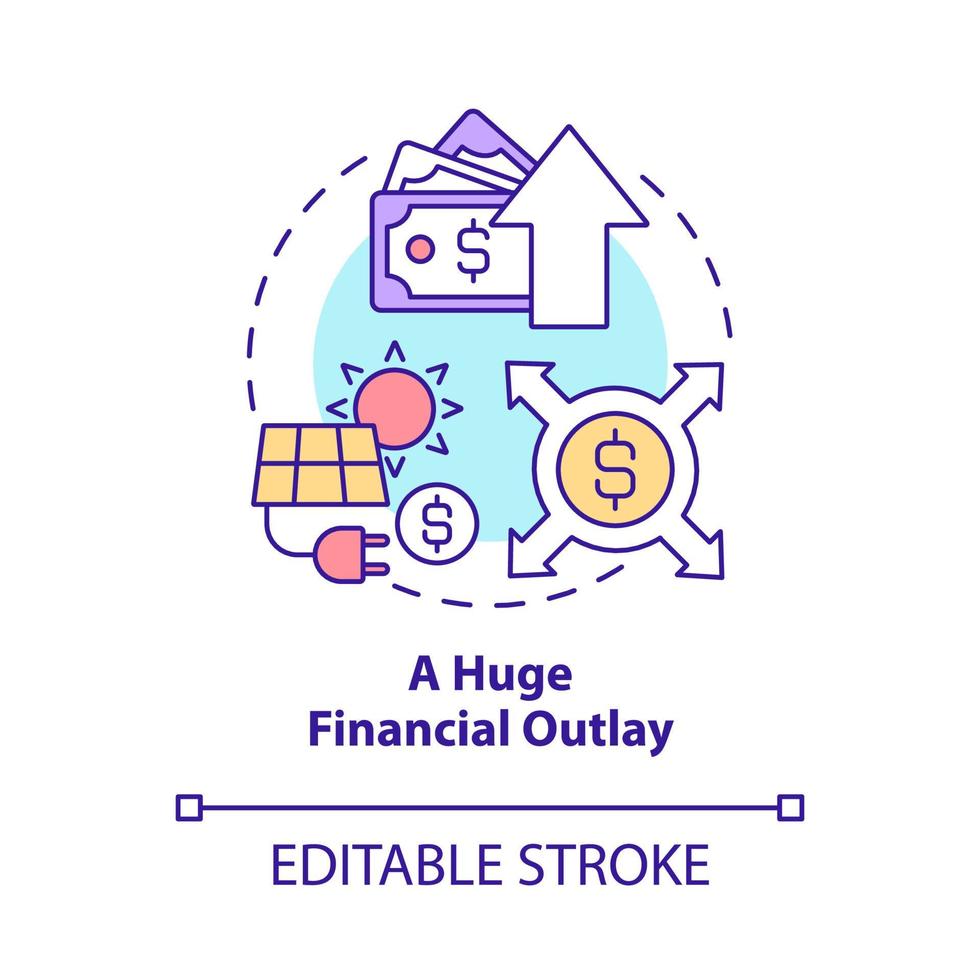enorme financiële uitgave concept icoon. hernieuwbare energie nadeel abstracte idee dunne lijn illustratie. hoge initiële investeringskosten. vector geïsoleerde omtrek kleur tekening. bewerkbare streek