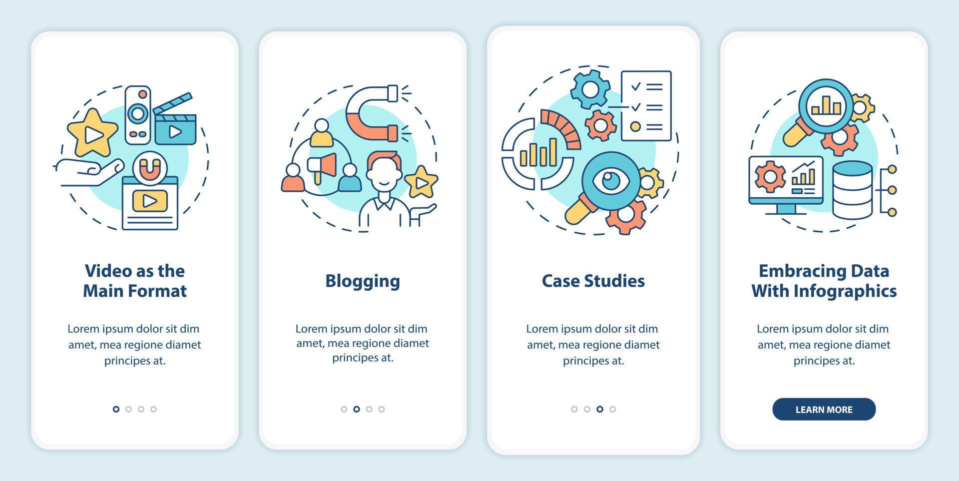 contentmarketing trends onboarding mobiele app scherm. kanalen walkthrough 4 stappen grafische instructiepagina's met lineaire concepten. ui, ux, gui-sjabloon. talloze pro-bold, reguliere lettertypen gebruikt vector