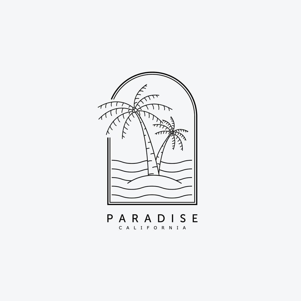 palm of kokosnoot lijn kunst logo vector illustratie ontwerp. vintage hand getrokken palm embleemontwerp badge sjabloon. zonsondergang op het eiland logo concept