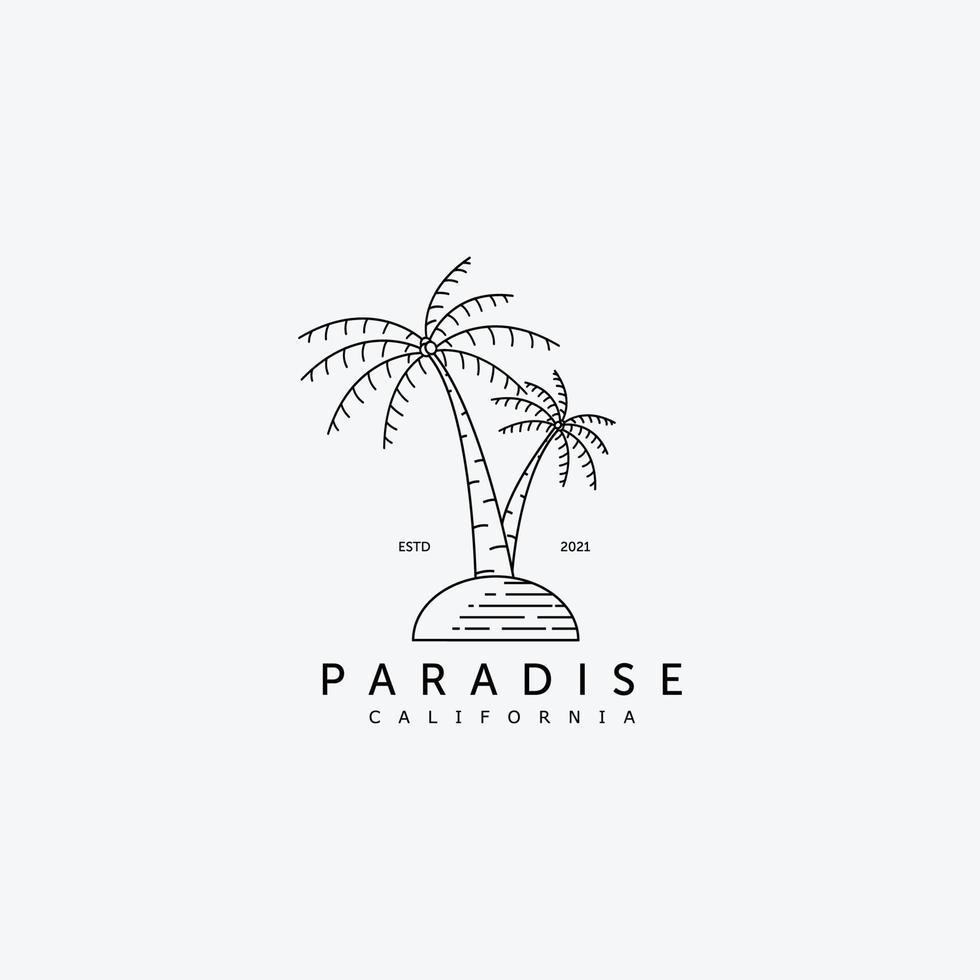 palmboom logo vector ontwerp illustratie lijntekeningen, kokos concept, paradijs eiland logo, oceaan concept zonsondergang in het paradijselijke eiland