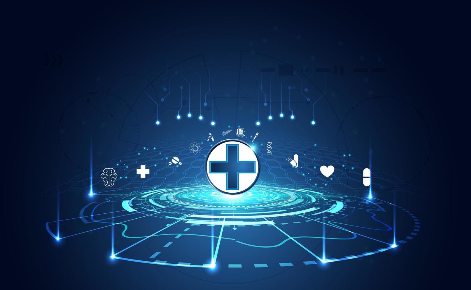 abstracte gezondheid medische wetenschap gezondheidszorg pictogram digitale technologie wetenschap concept moderne innovatie, behandeling, geneeskunde op hi-tech toekomstige blauwe achtergrond. voor behang, sjabloon, webdesign vector