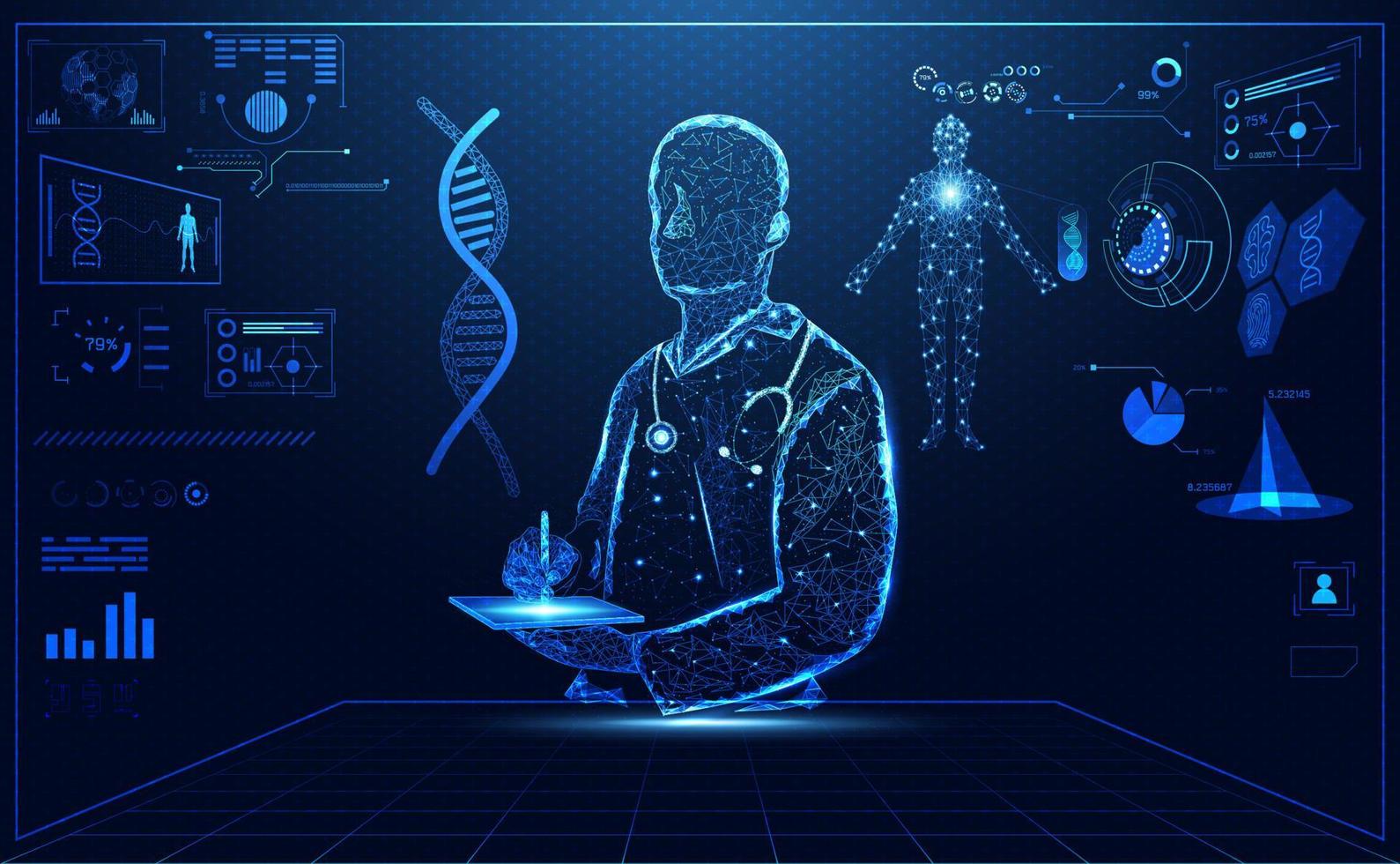 abstracte technologie ui futuristische menselijke medische hud-interface hologramelementen van digitale gegevensgrafiek, dna, vingerafdruk, brain computing cirkel vitaliteit innovatie op hi-tech toekomstige ontwerpachtergrond vector