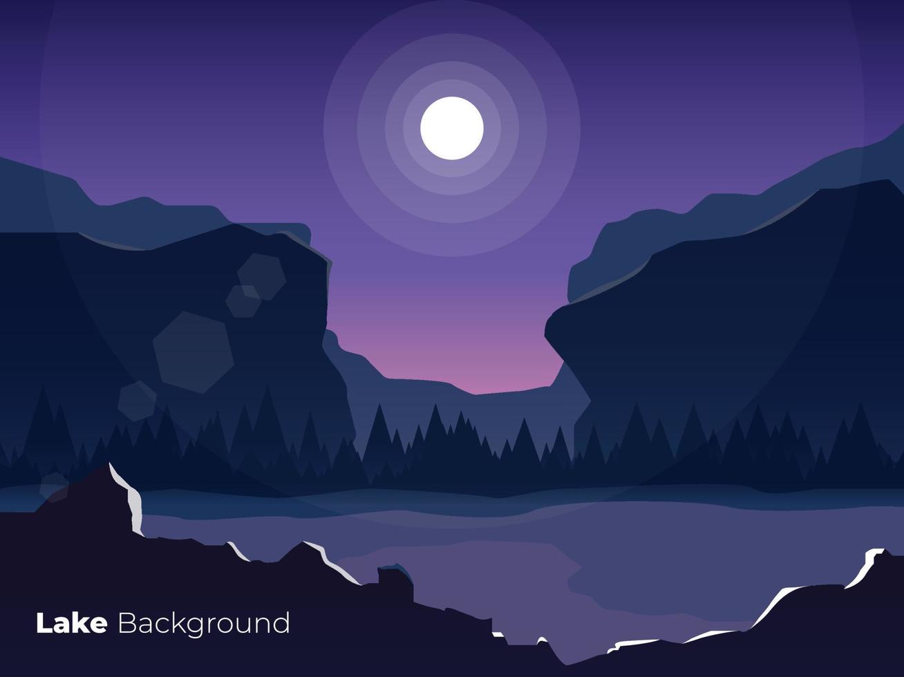 nachtlandschap met bergen en maan, meer in de nacht met maan, hemelnachtachtergrond vector