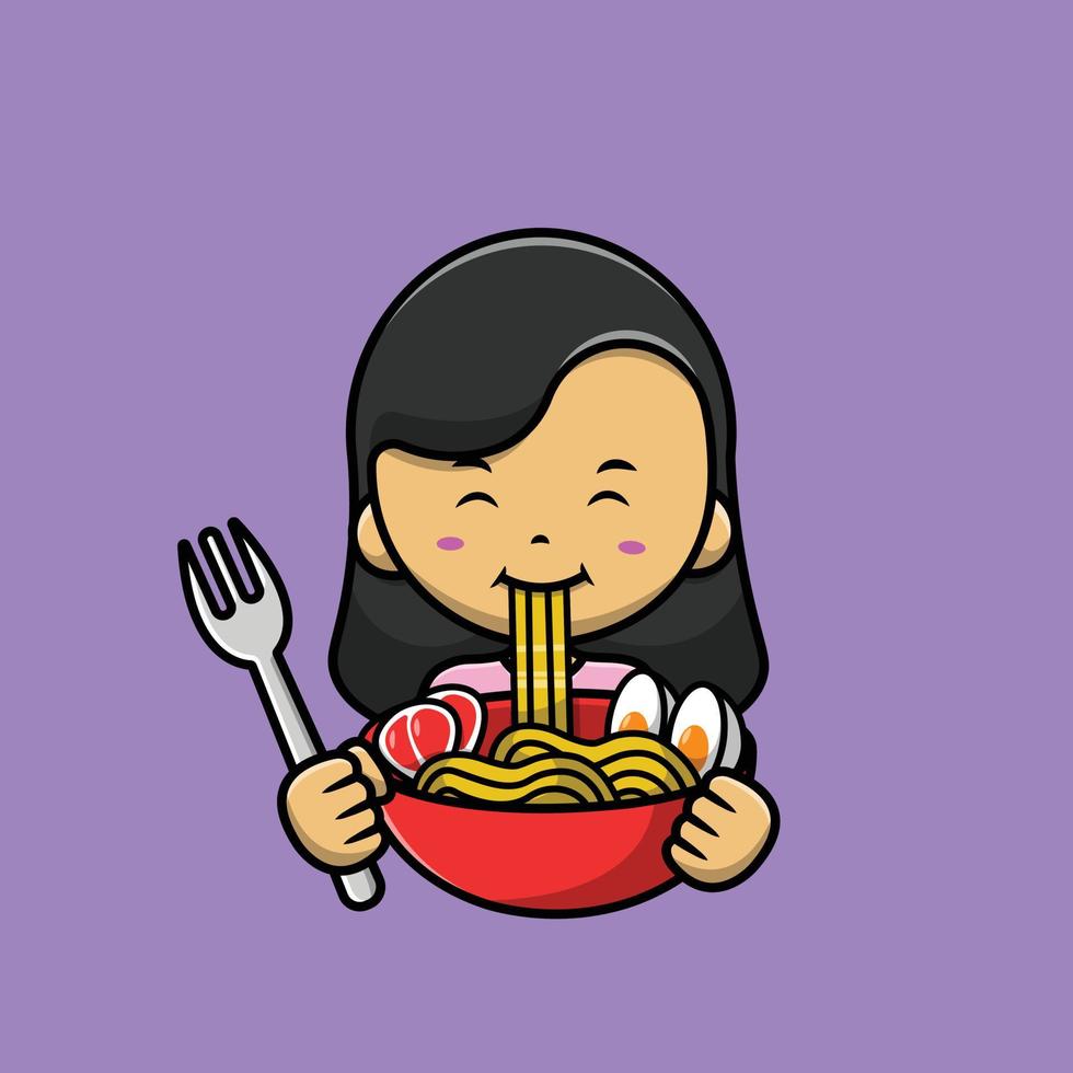 schattig meisje eet ramen met vork cartoon vector pictogram illustratie. mensen eten pictogram concept geïsoleerde premium vector. platte cartoonstijl