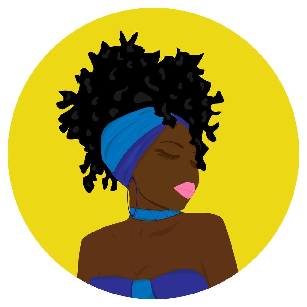 portret van een mooie zwarte vrouw. cartoon afro-amerikaans meisje met een blauw hoofd. modern afro-amerikaans meisje met krullend haar. vector