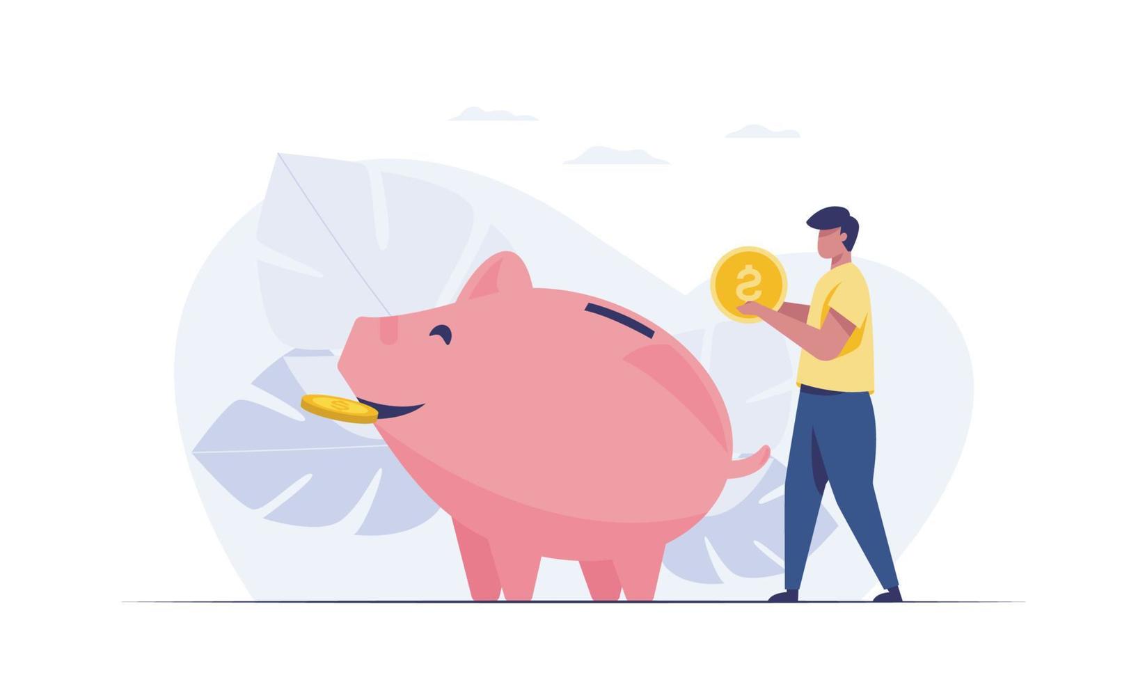 geld besparen concept. spaarvarken met munten, man met munt. vector illustratie