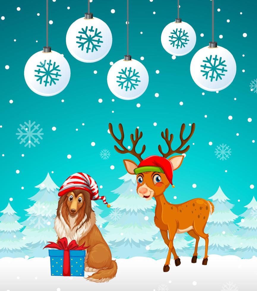 Kerstafficheontwerp met een hond en rendieren op besneeuwde achtergrond vector