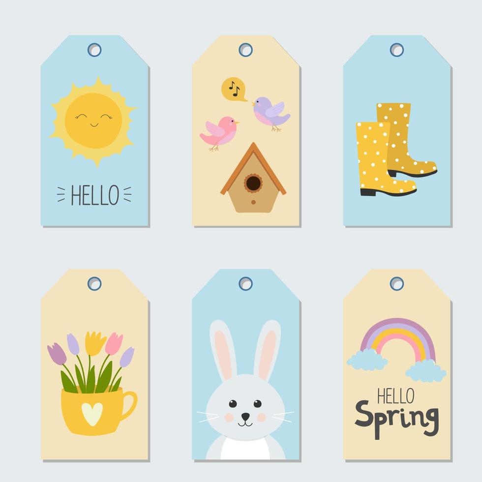 set lente cadeau-tags en labels met schattige stripfiguren en belettering. doodle vlakke stijl vector