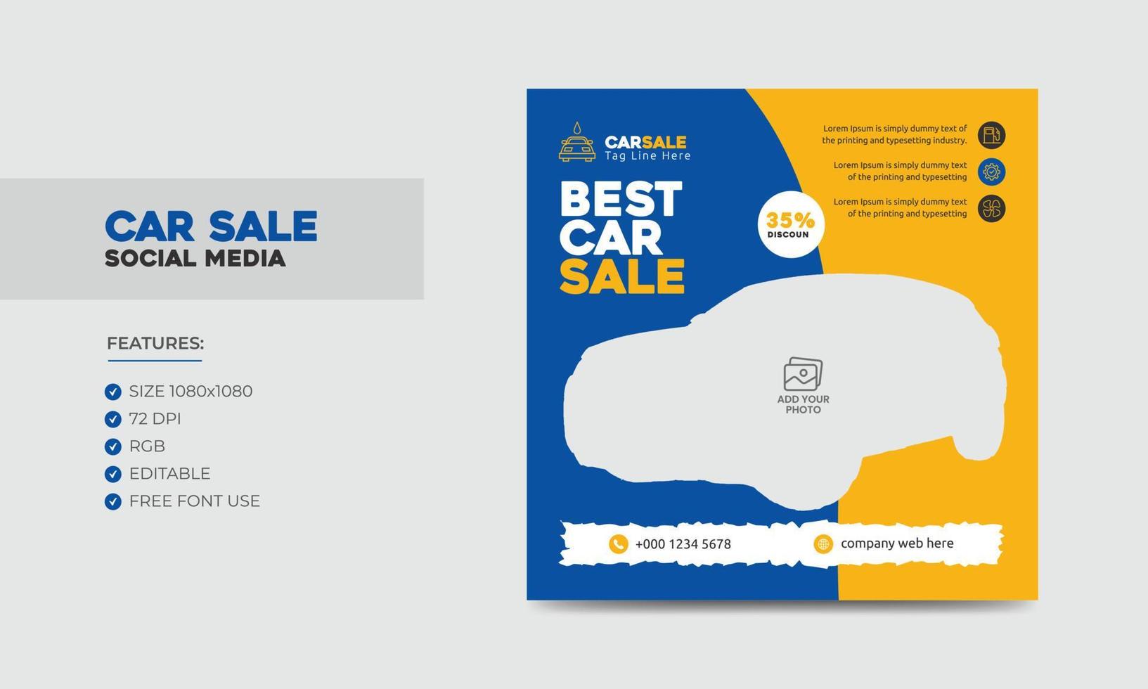 auto verkoop promotie sociale media post banner ontwerpsjabloon. autoverhuurservice social media advertenties banner vector